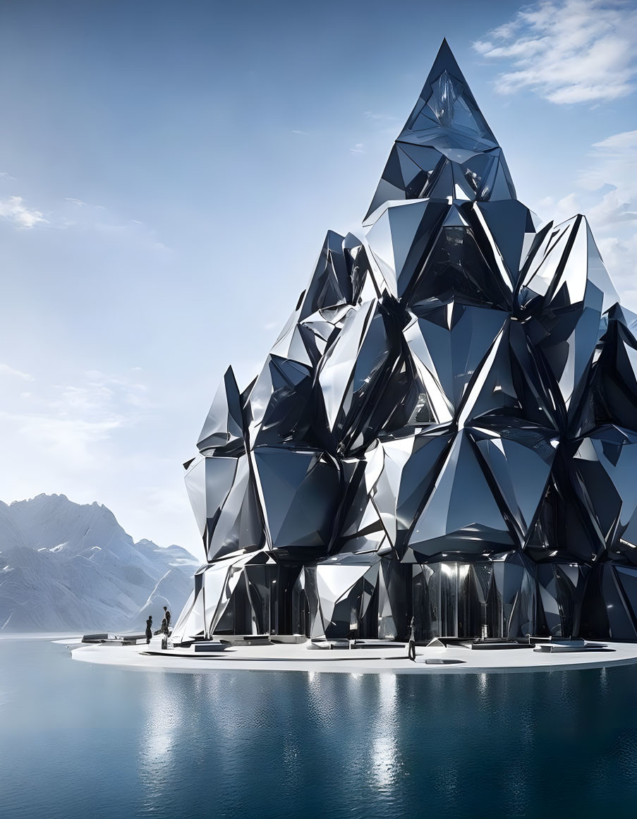 Geometric crystal-like building by serene lakeside with mountains and clear sky