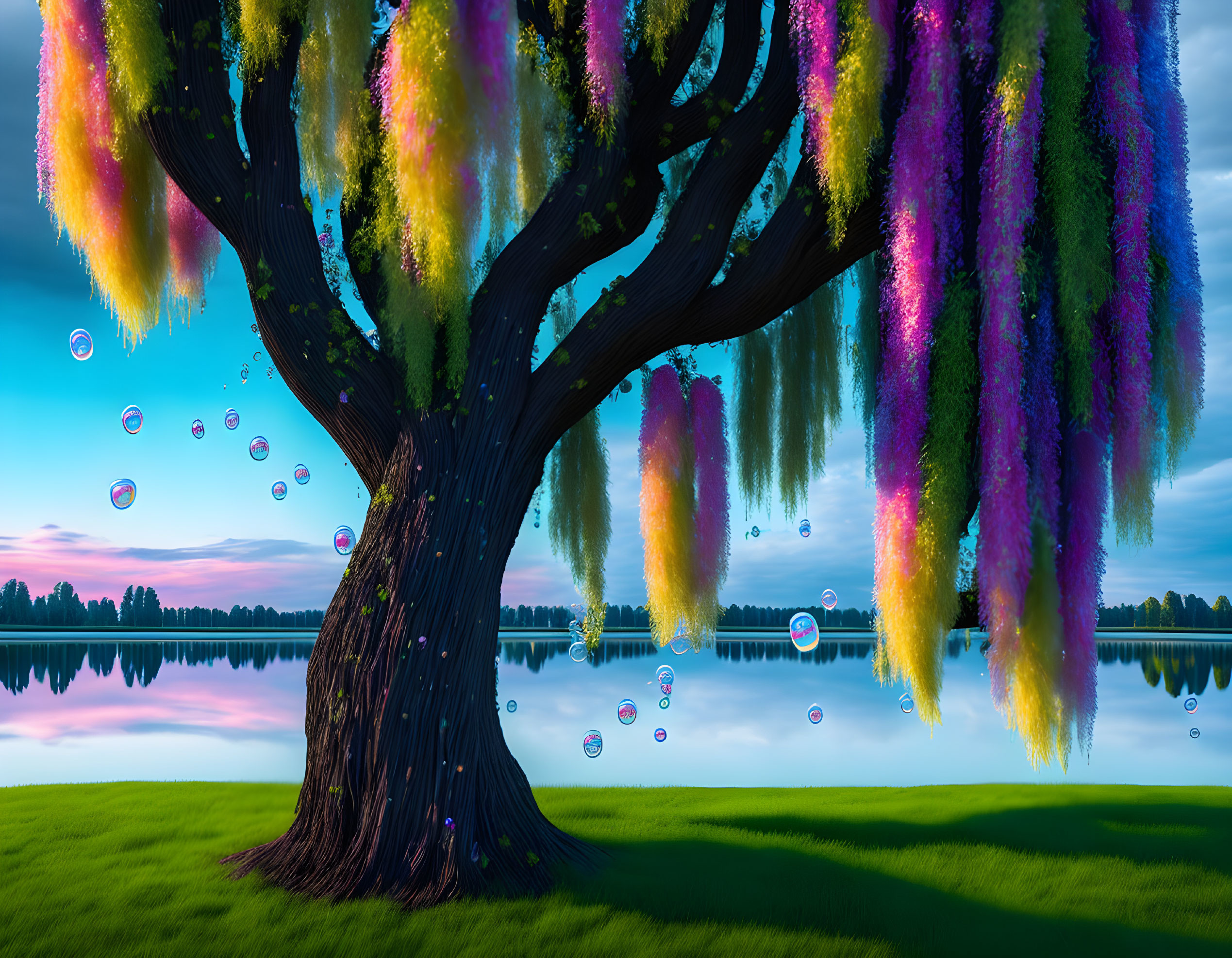 Colorful tree with rainbow blossoms near a serene lake and floating bubbles