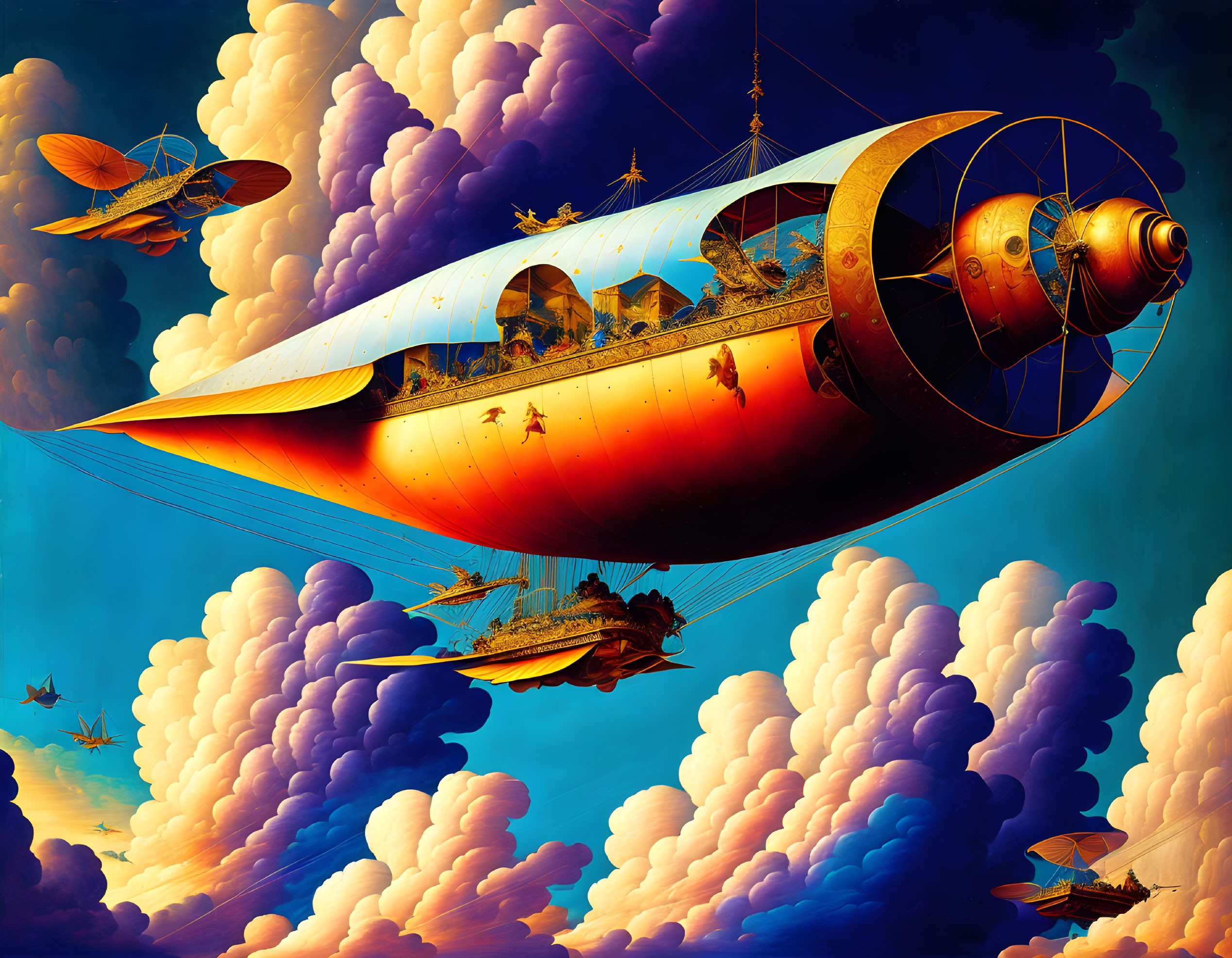 Steampunk airship and flying contraptions in vibrant sky