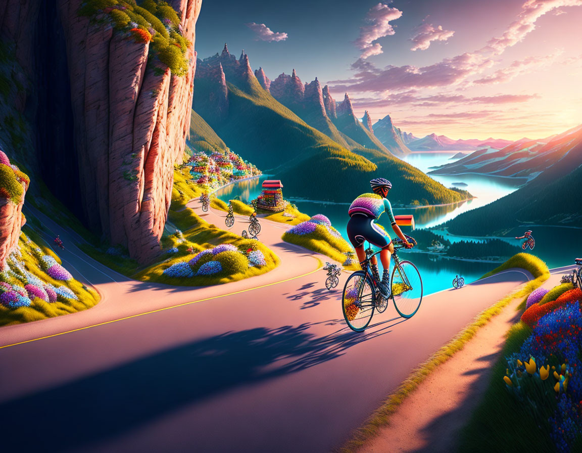 Cyclist in vibrant attire on winding mountain road at sunset