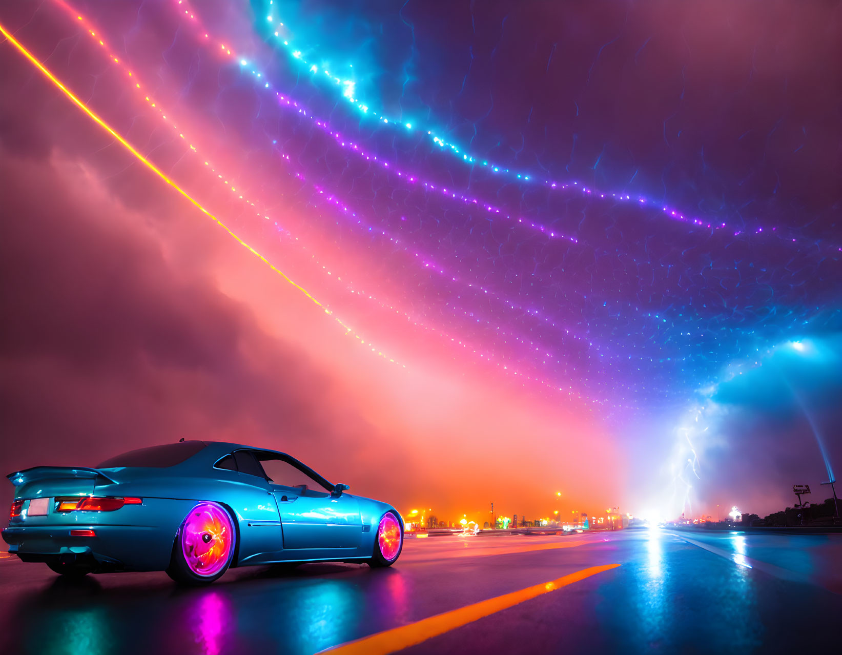 Sports car on wet road with neon light trails in night sky