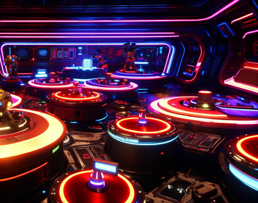 Futuristic control room with neon lighting and high-tech consoles