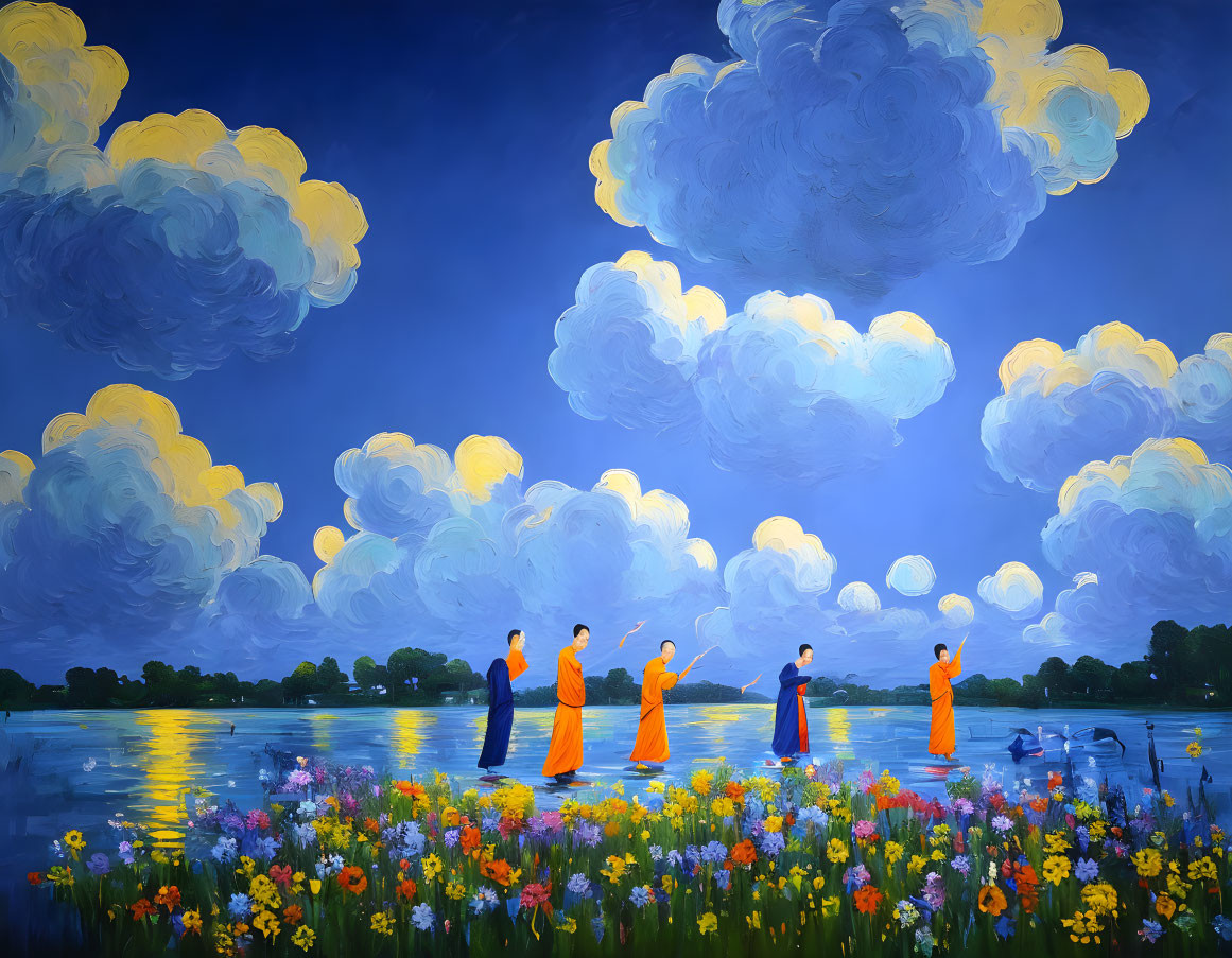 Colorful traditional attire painting by water with flowers and clouds