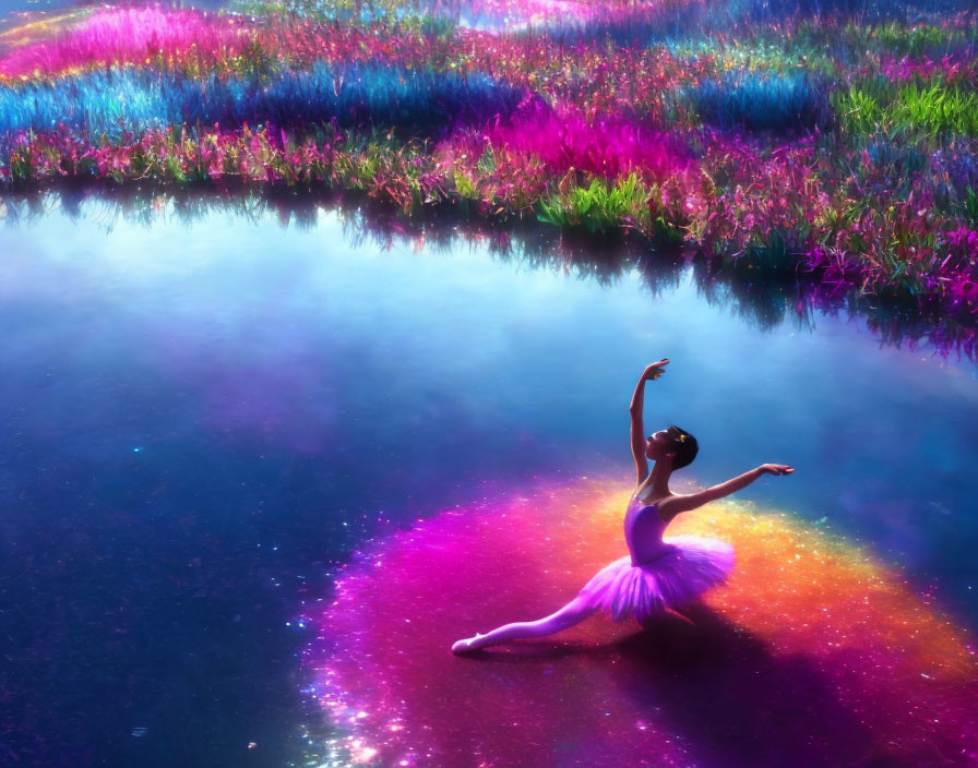 Ballerina in purple tutu poses on water surface amid vibrant flower fields