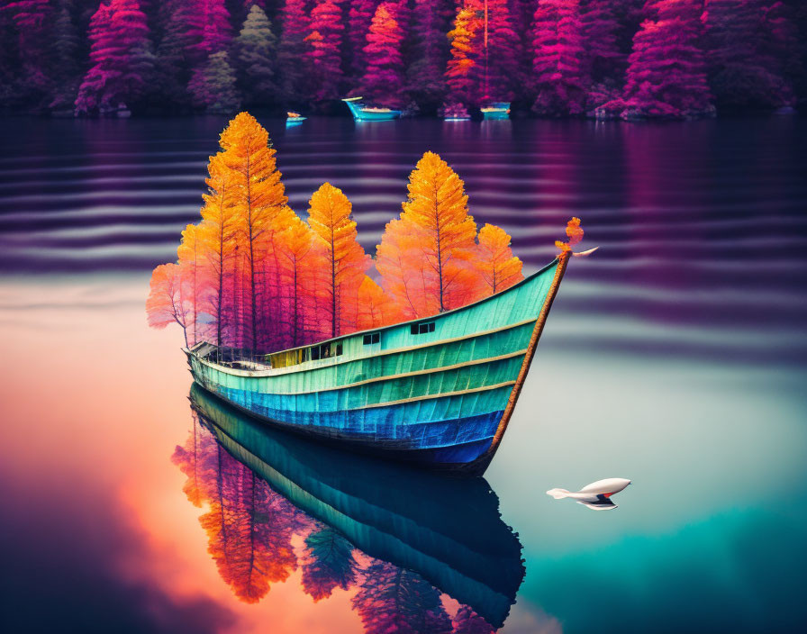 Colorful Boat with Tree-Like Sails on Serene Lake with Reflecting Pink and Purple H