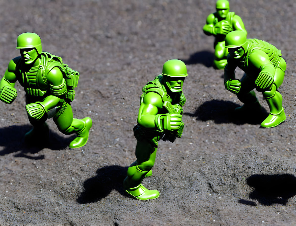 Vivid green plastic toy soldiers on textured surface under sunlight