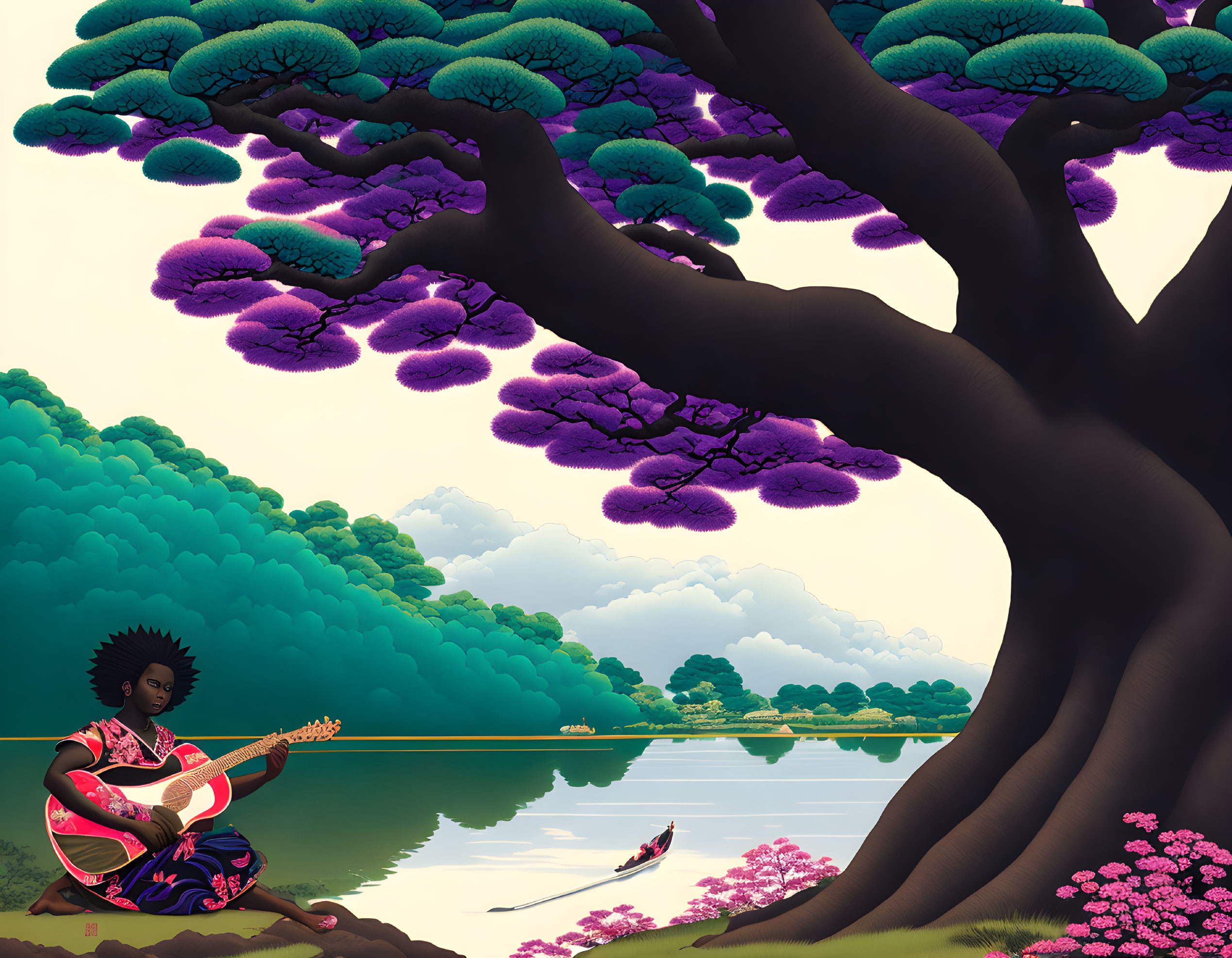 Person playing guitar near purple tree by serene lake & pink flowers in scenic landscape.