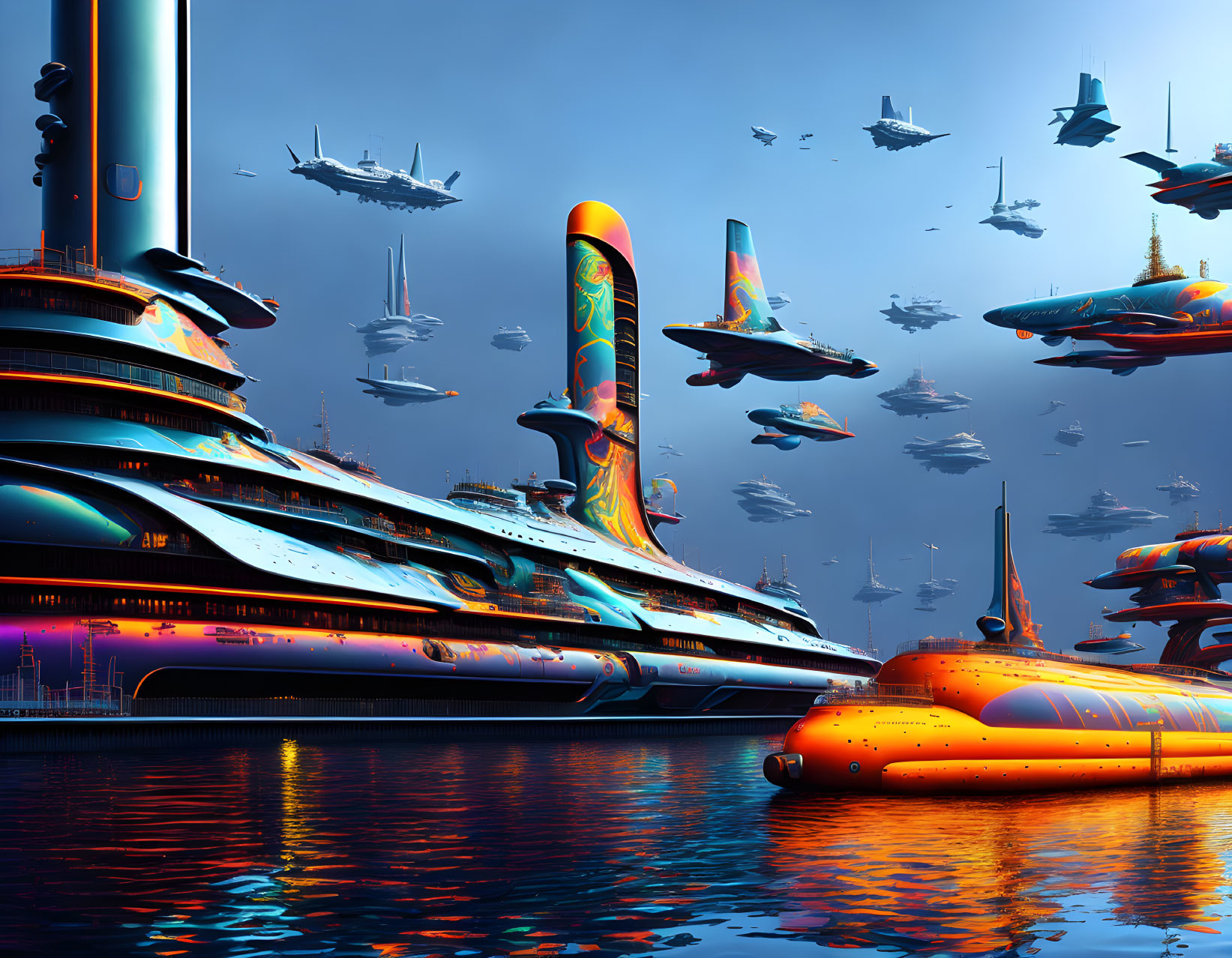 Futuristic cityscape with waterways, neon skyscrapers, and flying vehicles at twilight