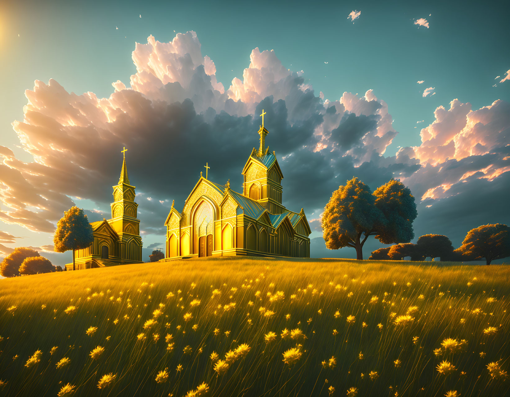 Scenic church in blooming field under vibrant sunset sky