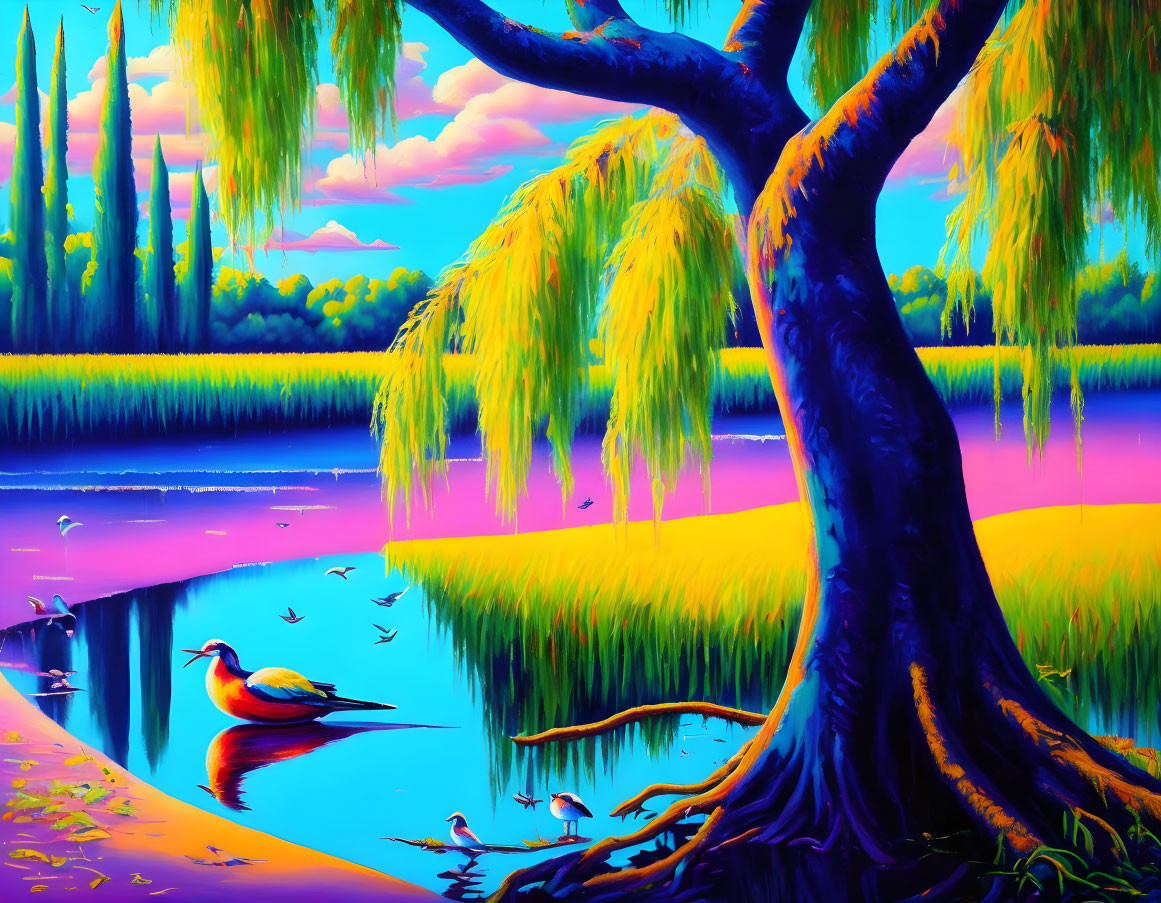 Colorful Landscape: Willow Tree, River, Blue Sky, Birds