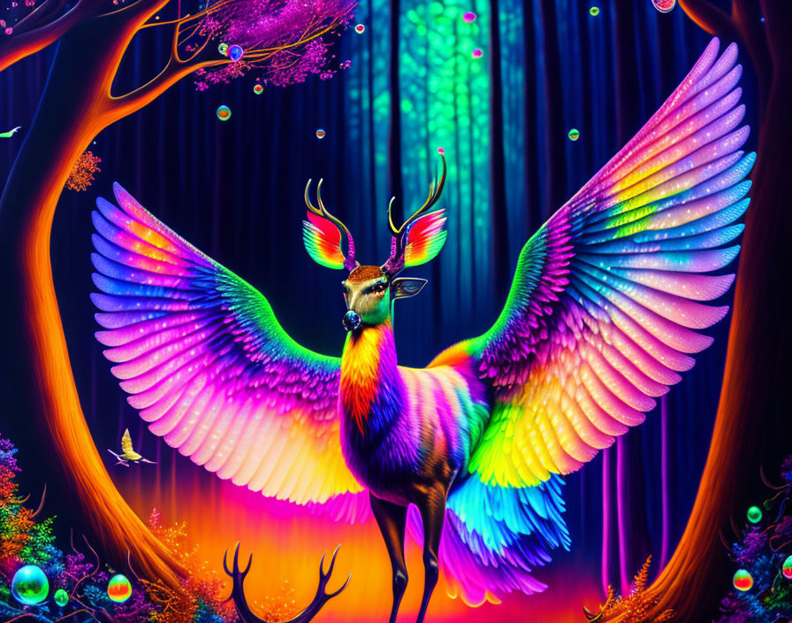 Colorful winged deer in neon-lit enchanted forest