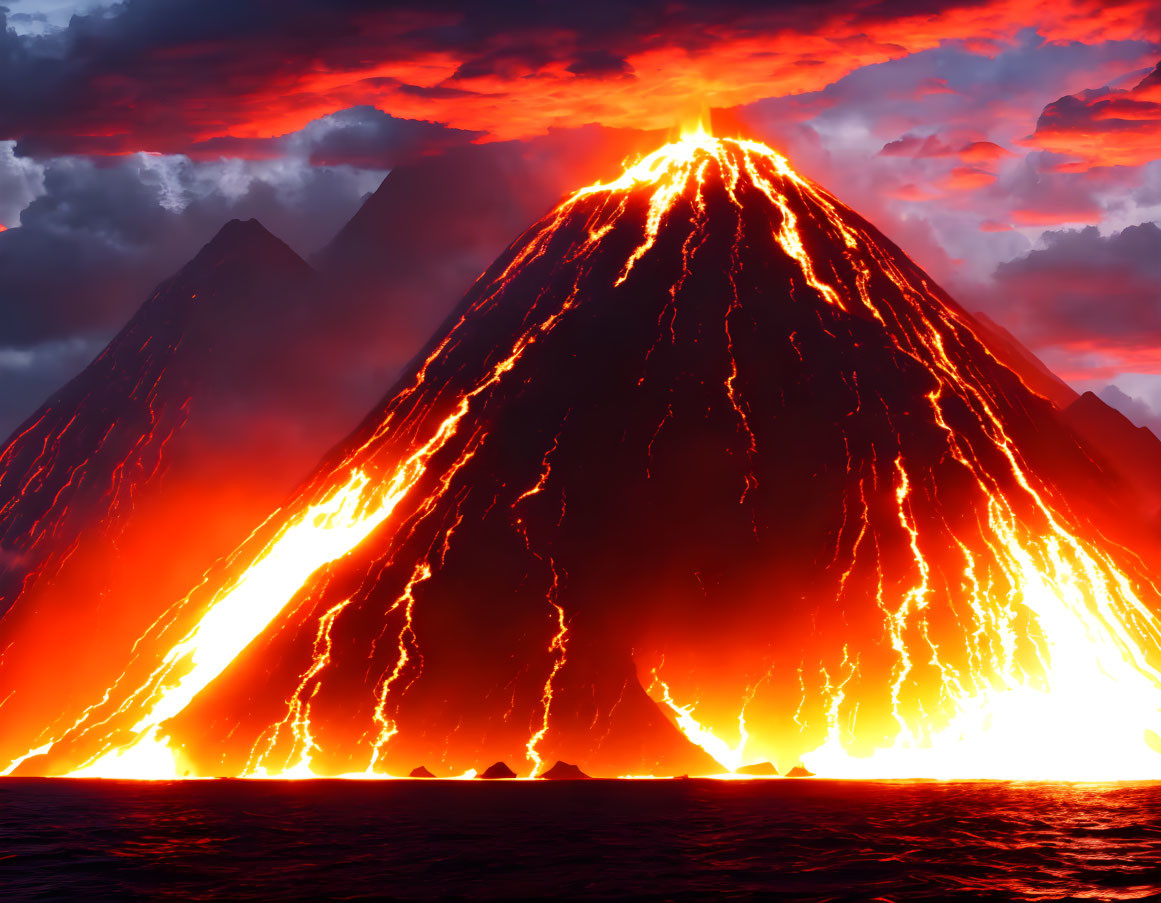 Volcano erupts, spewing lava into sea under red sky