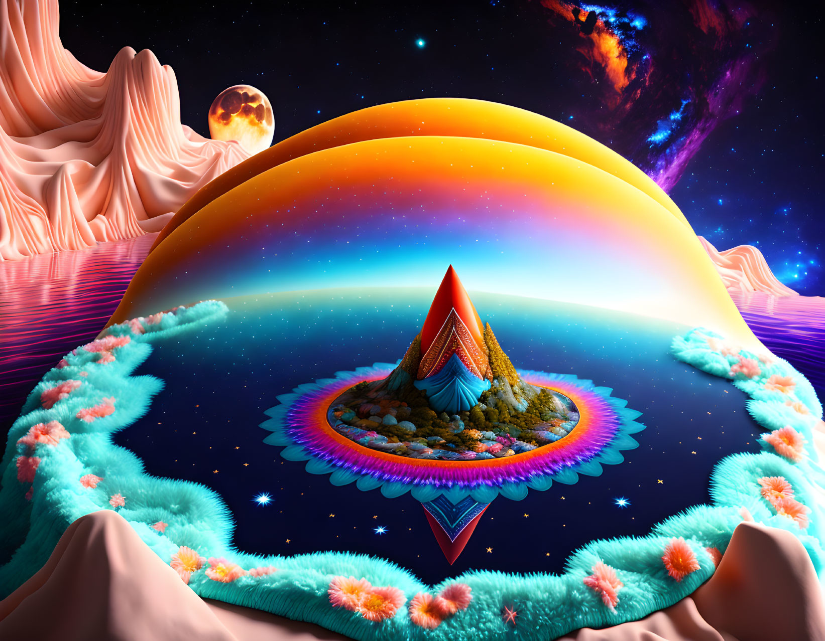 Vibrant multicolored sky over surreal landscape with floating pyramid and cosmic backdrop