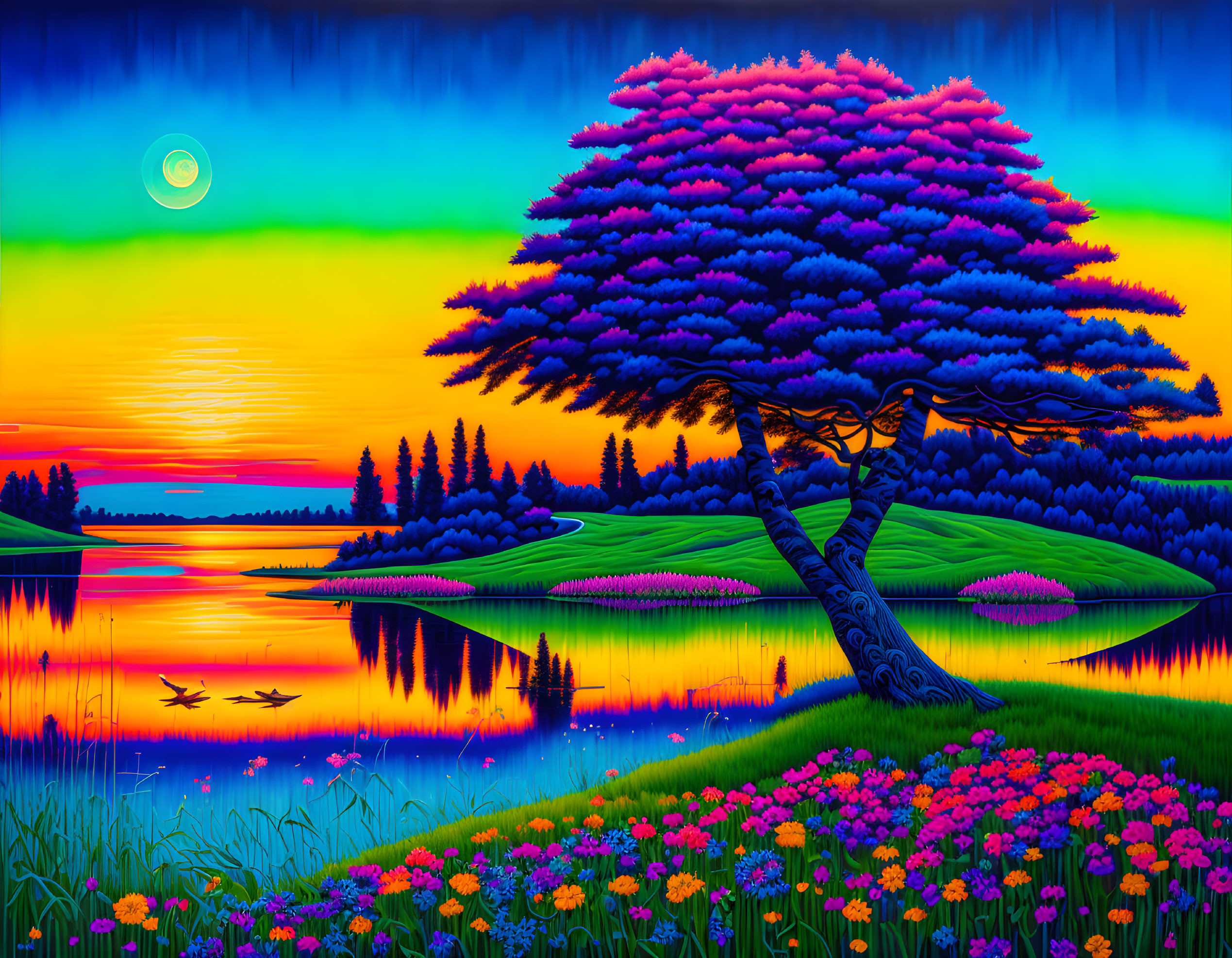 Colorful Tree and Sunset Sky in Vibrant Landscape with Calm Waters and Blooming Flowers