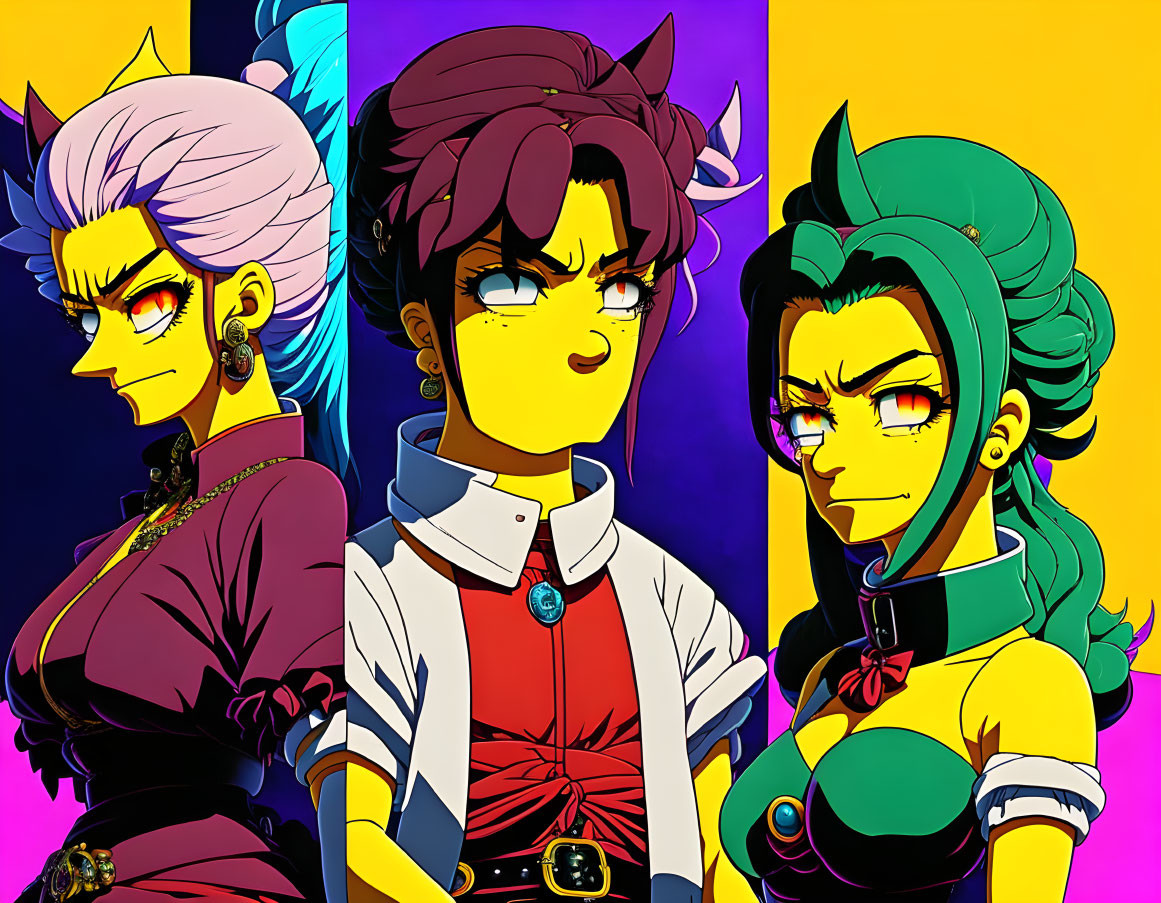 Colorful Stylized Female Characters with Purple, Brown, and Green Hair