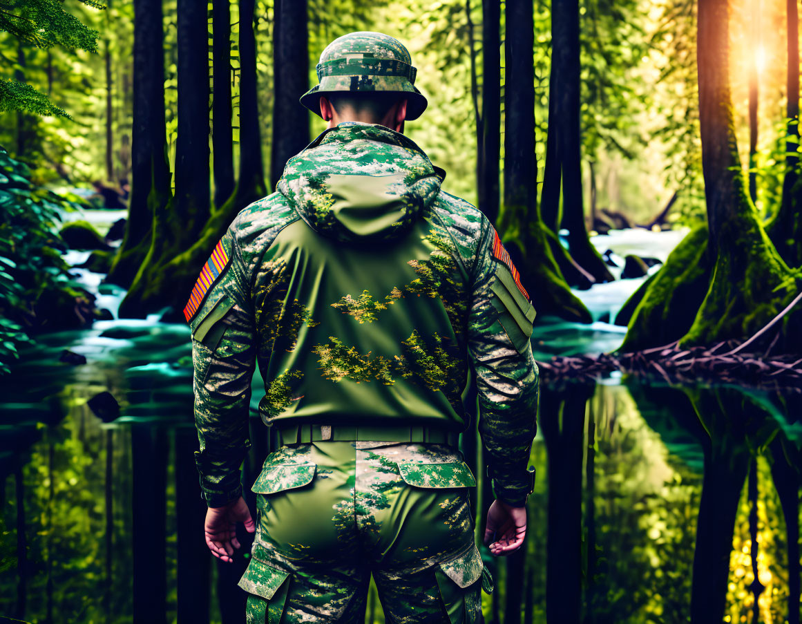 Camouflaged soldier in lush forest with sun rays.