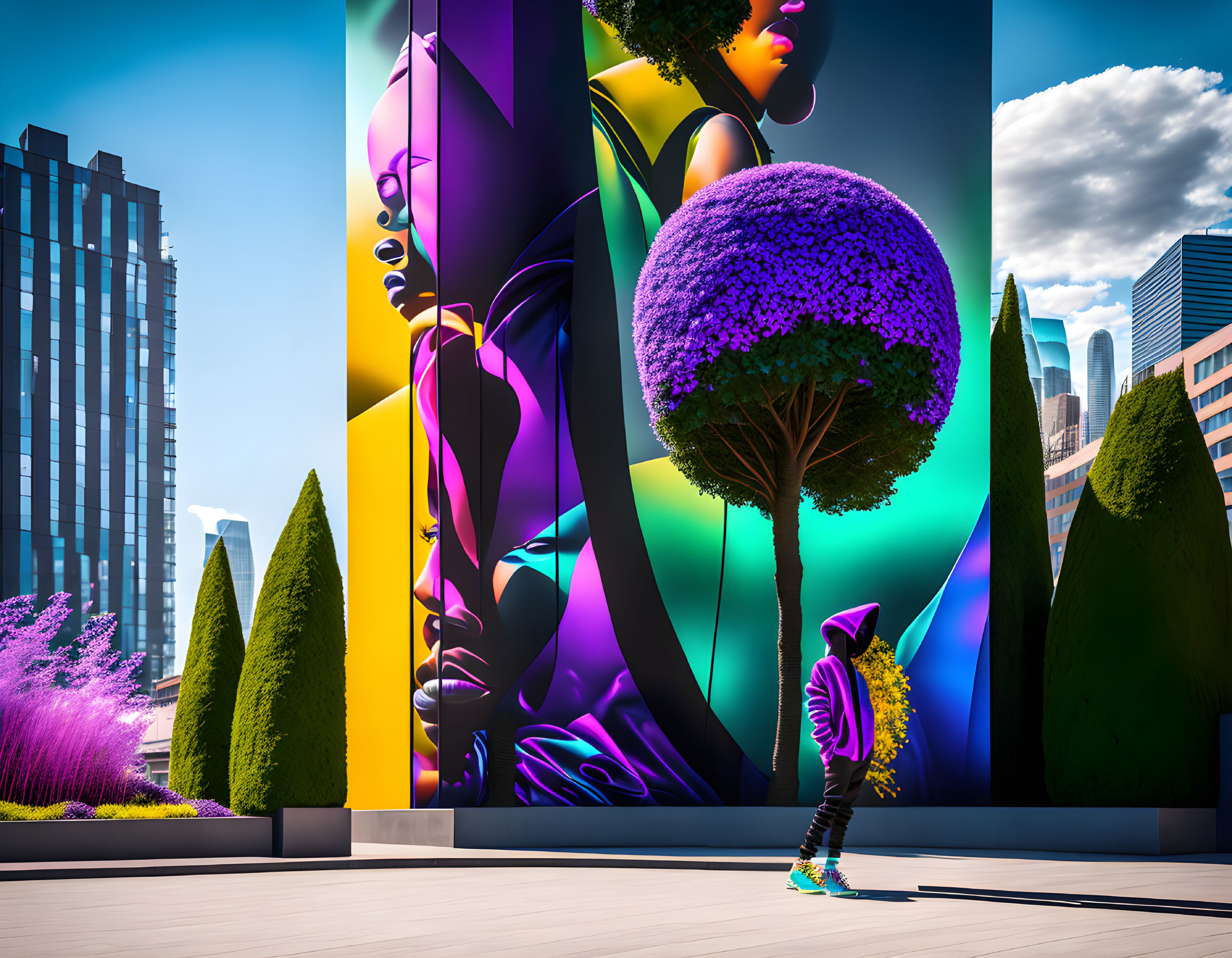 Colorful urban art mural featuring abstract faces, stylish figure, purple foliage, and skyscrapers.