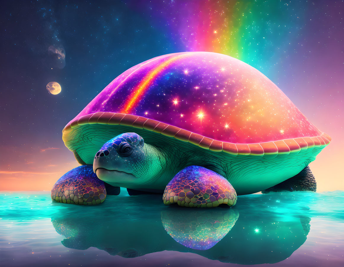 Colorful Rainbow-Shell Turtle in Starry Night with Aurora Sky