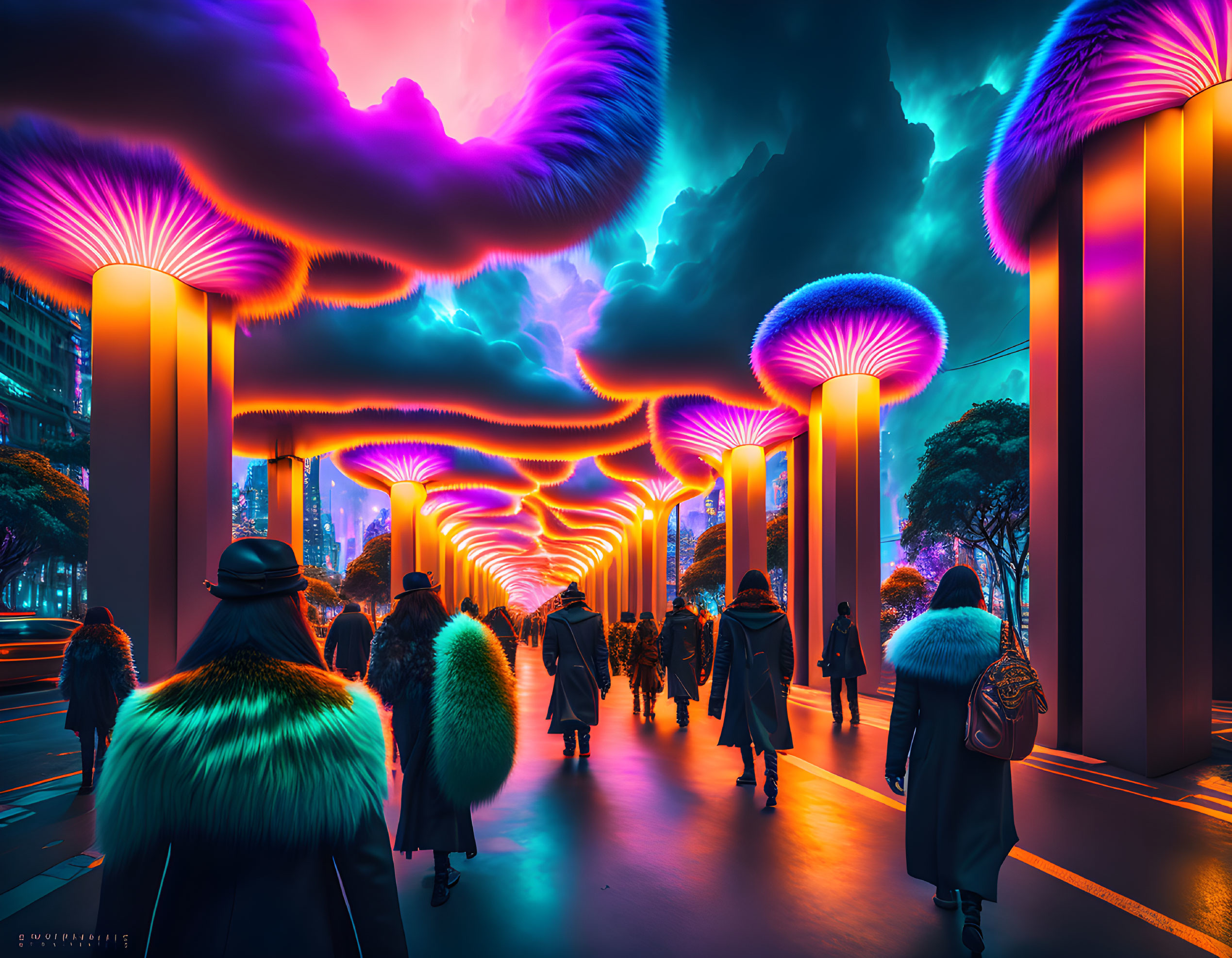 Vibrant neon-lit corridor with futuristic structures & colorful sky