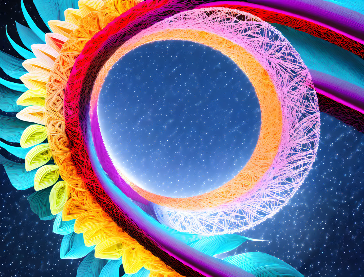 Circular Pattern Digital Art with Starry Background & Colorful Textures