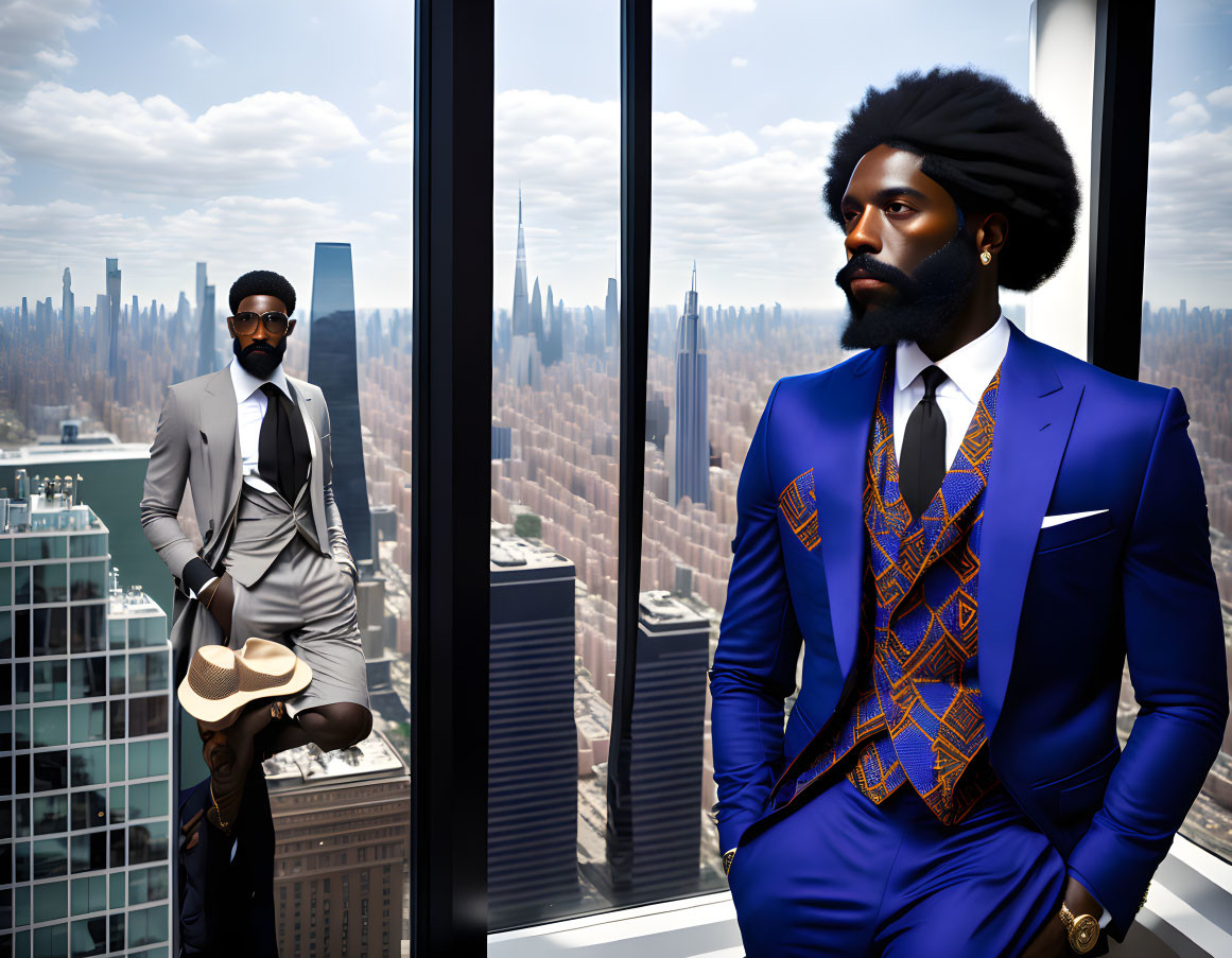 Fashionable men in gray and blue suits pose by cityscape window.