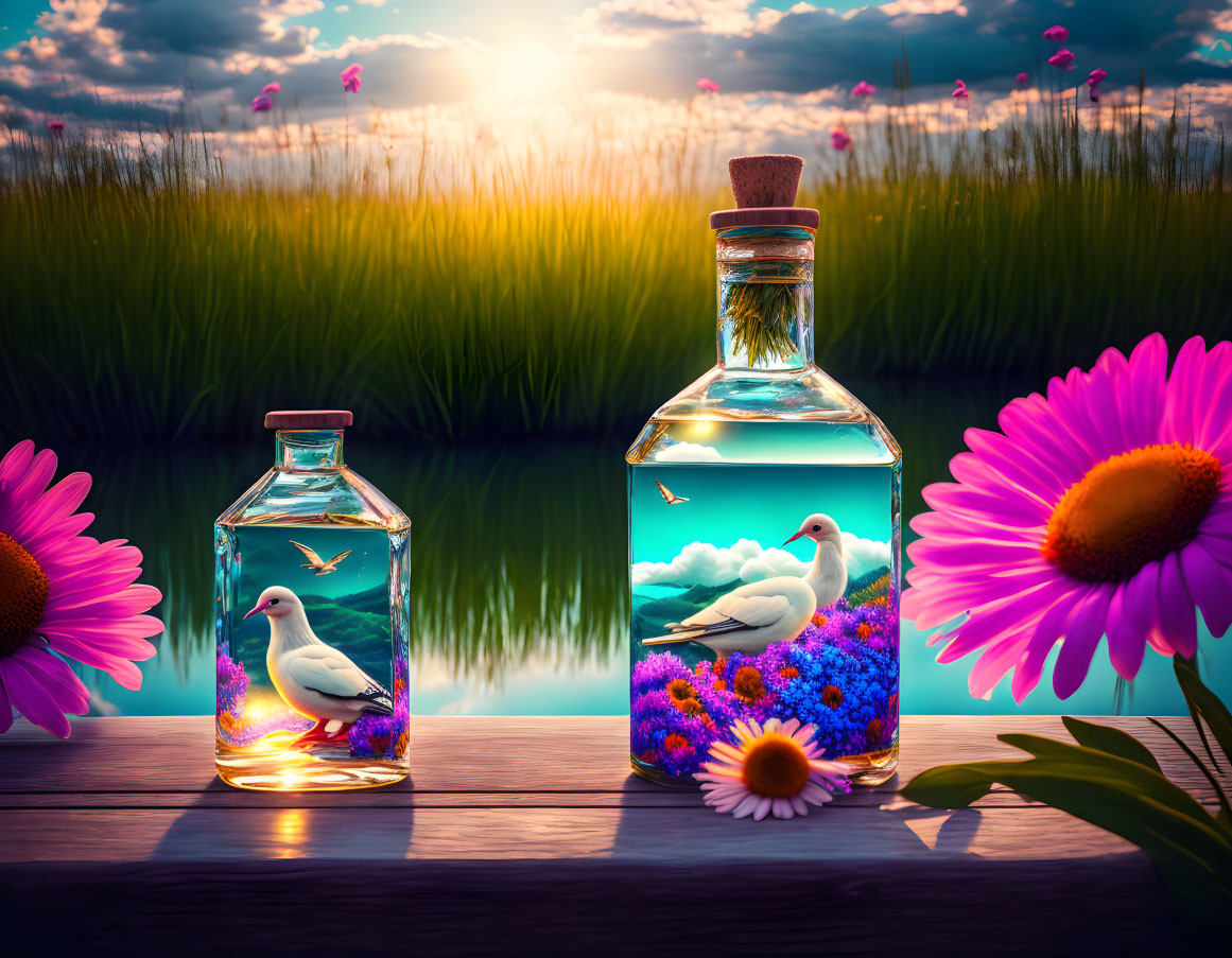 Glass Bottles with Magical Landscapes on Wooden Surface at Sunset