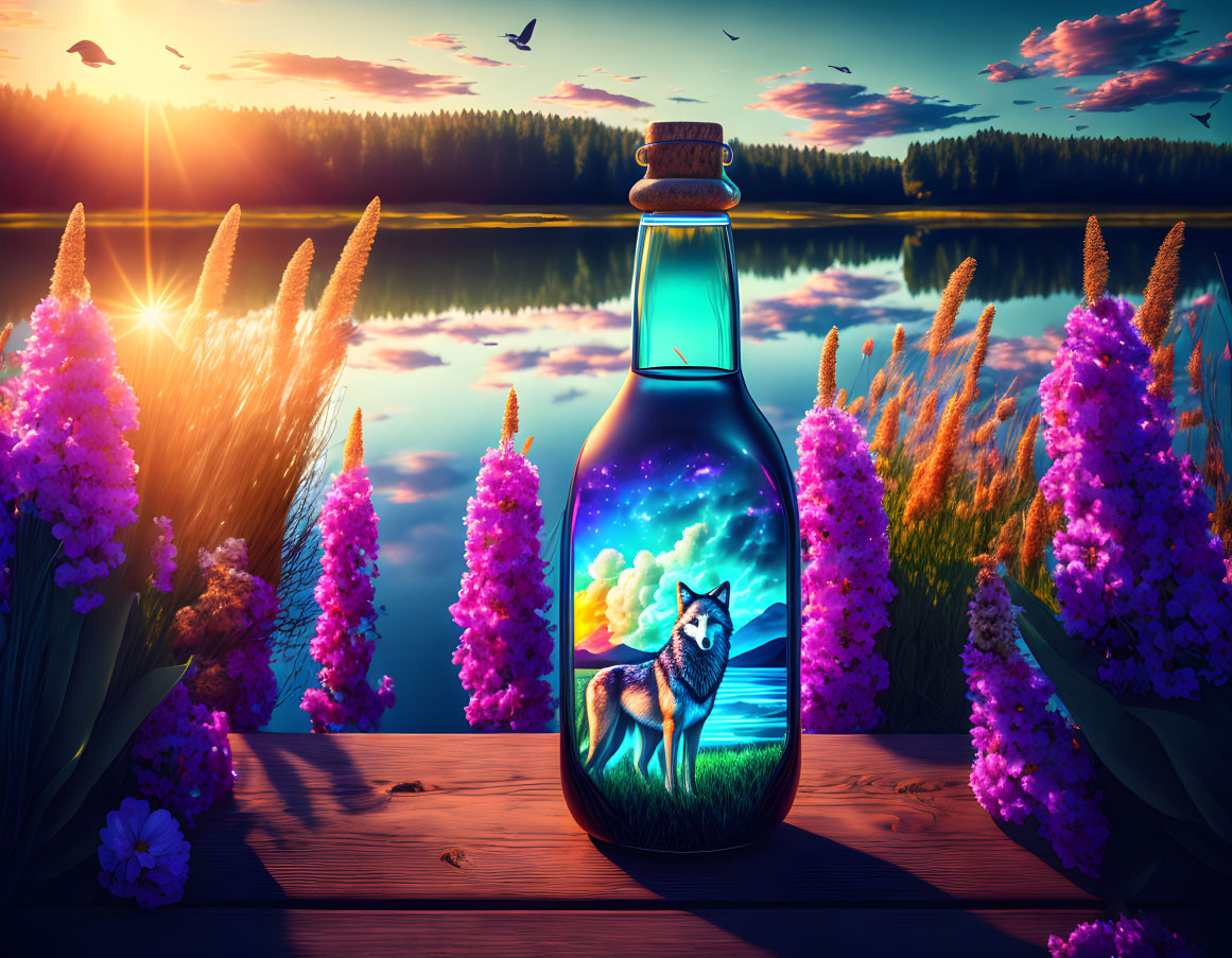 Digital artwork: Bottle with cosmic scene, wolf on lakeside, purple flowers at sunset