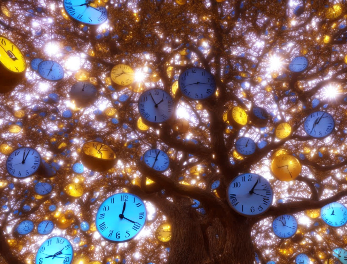 Tree with floating clocks & glowing orbs under radiant light.