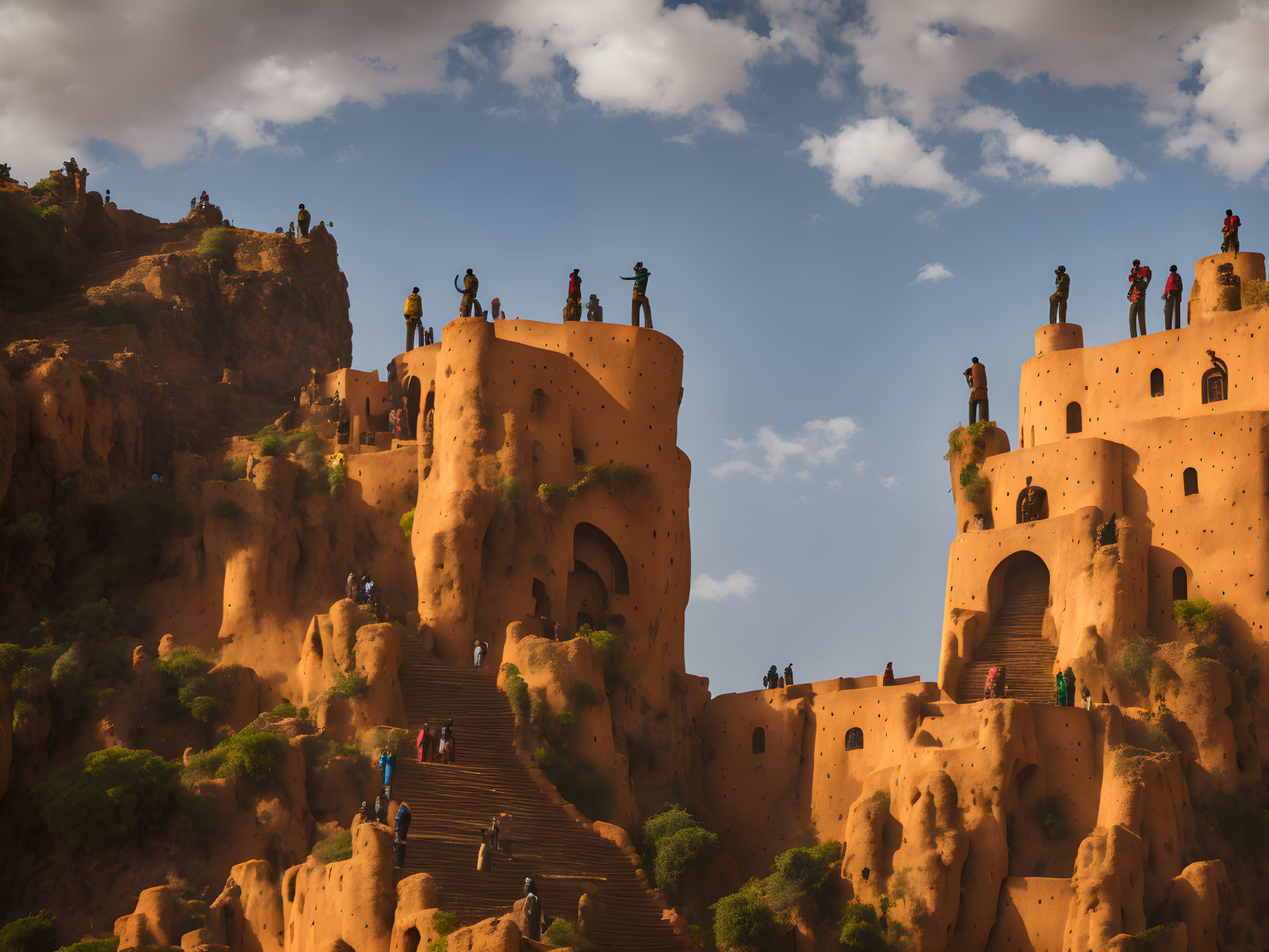 Ancient sandstone structures under a blue sky with clouds and rugged texture.