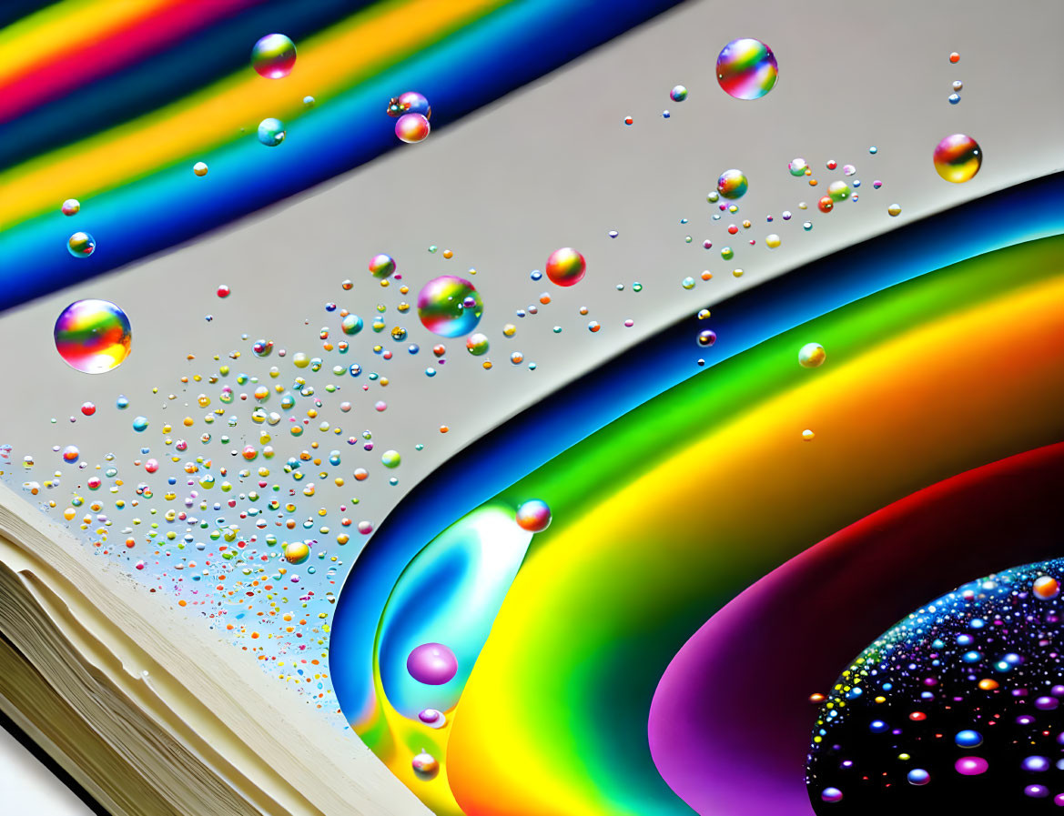 Colorful water droplets on glossy surface with blurred book edge