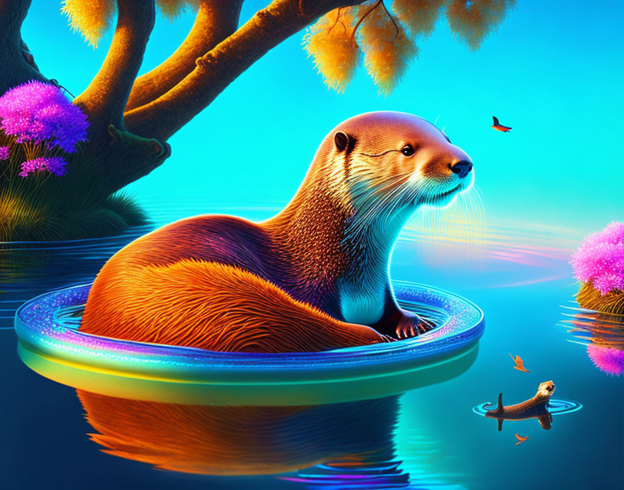 Otter relaxing on floating ring in colorful fantasy landscape