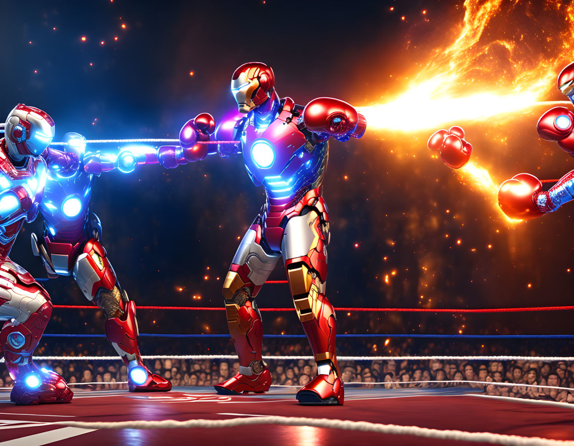 Iron Man suits boxing in ring with fiery comet and crowd.