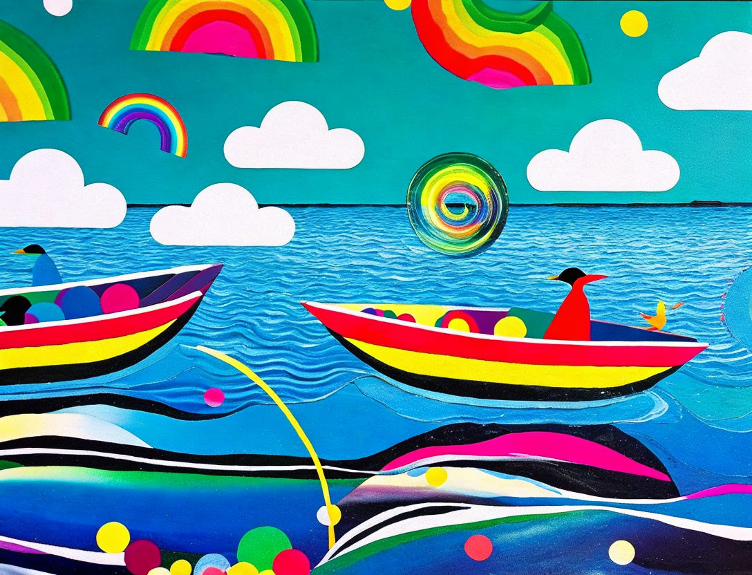 Colorful Abstract Artwork with Boats, Waves, Clouds, and Swirls