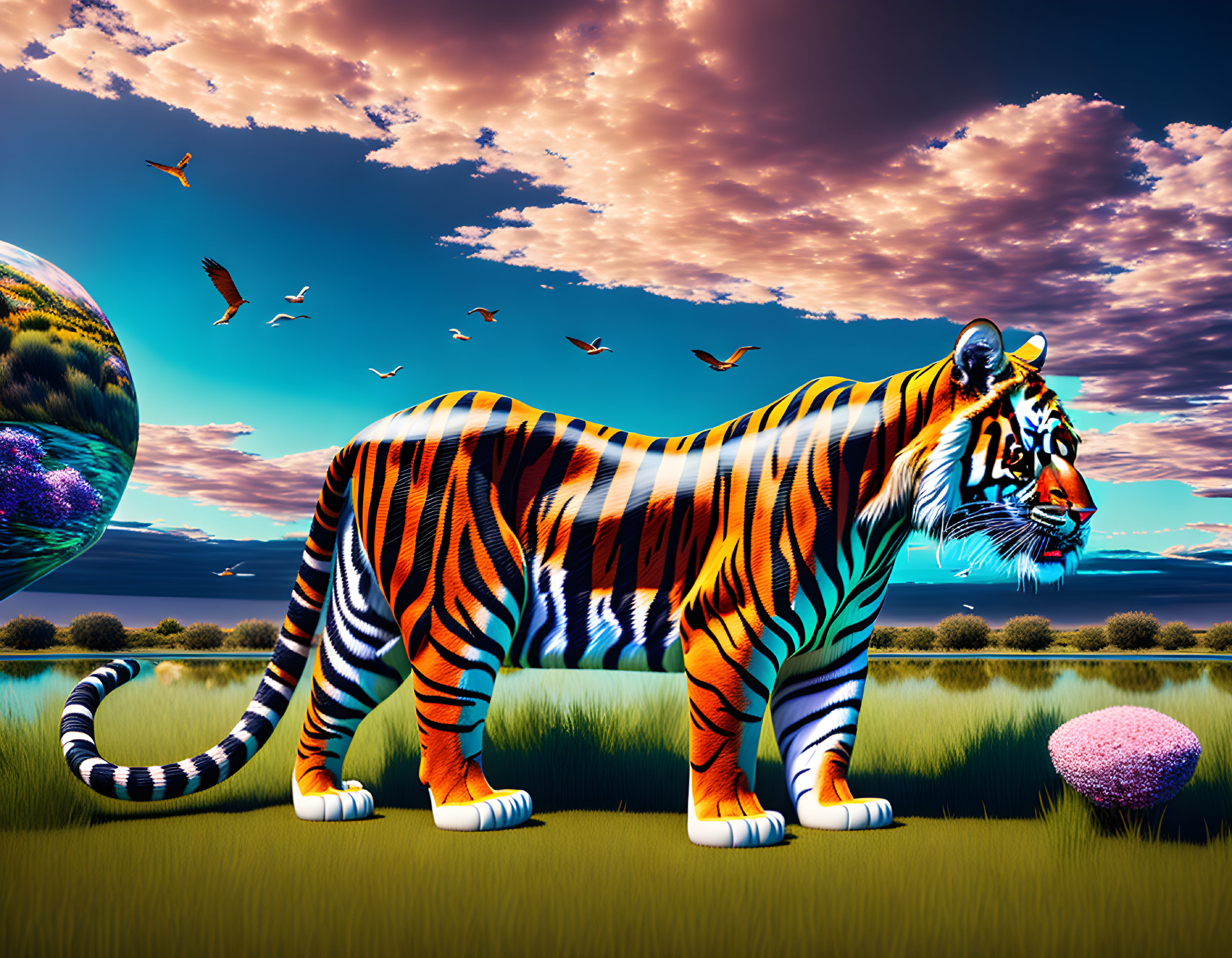 Colorful Tiger in Surreal Landscape with Floating Orbs and Birds