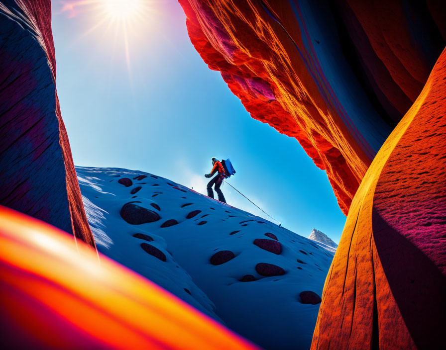 Hiker ascending sandy, snow-dotted slope between red rock formations