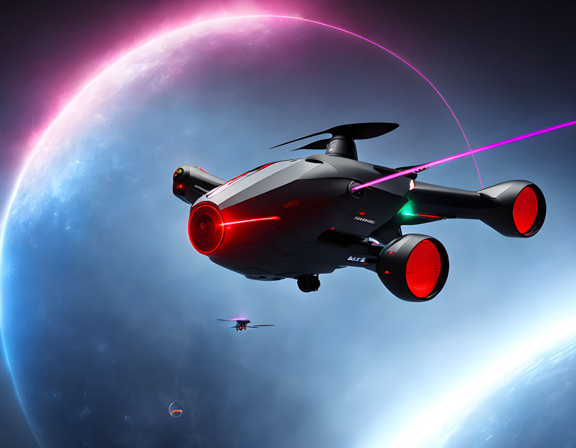 Red-accented futuristic spacecraft in space with glowing planet and distant ship