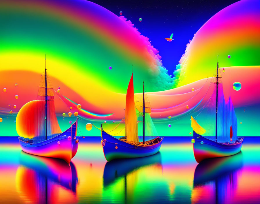 Vibrant fantasy landscape with sailboats, waves, birds, bubbles, and rainbow sky