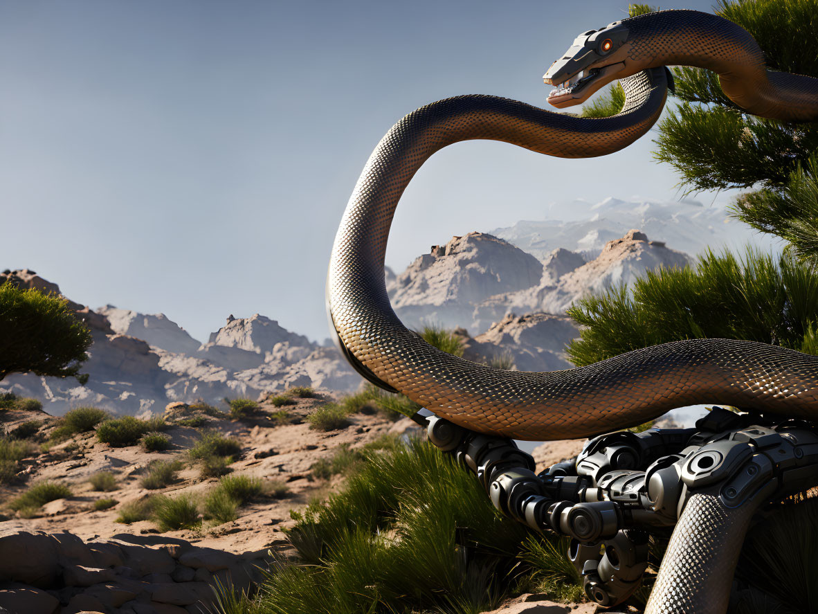 Robotic snake with intricate scales in desert landscape