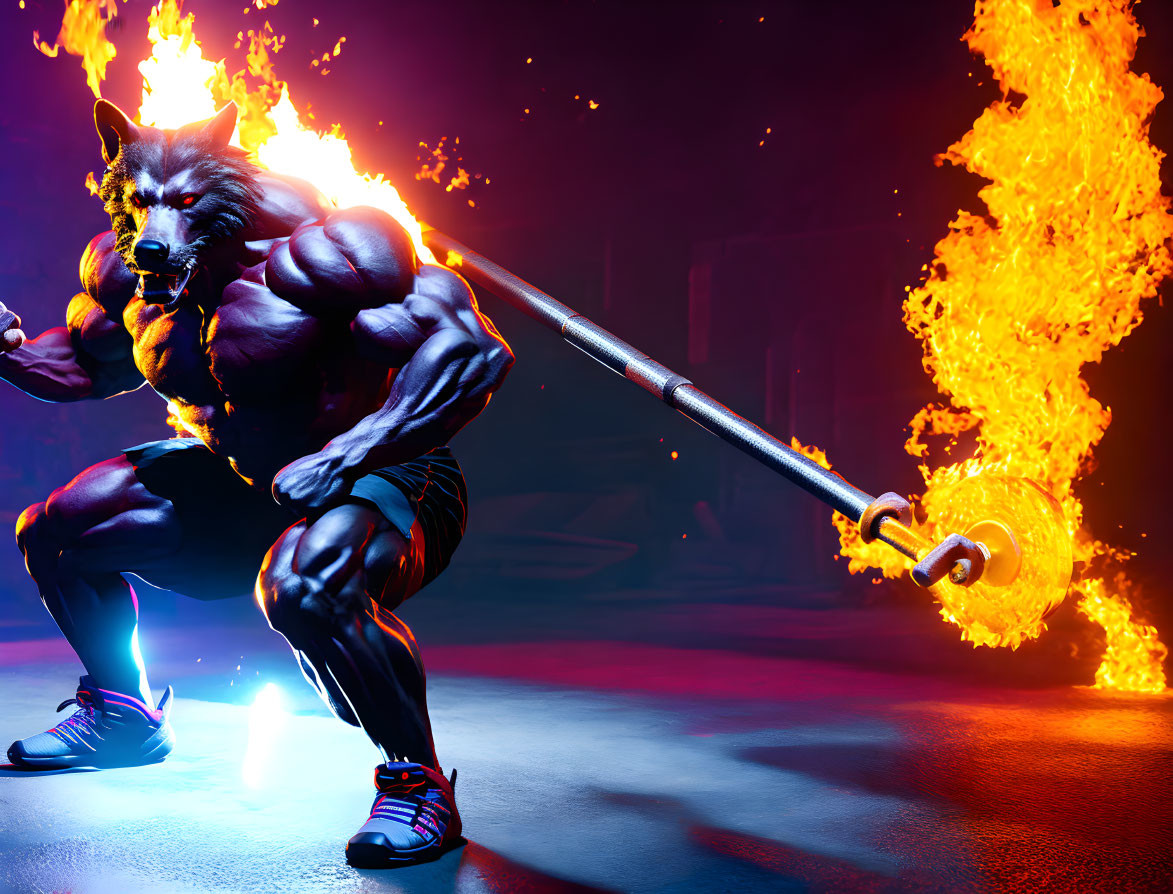 Muscular anthropomorphic wolf lifting flaming barbell in dark setting