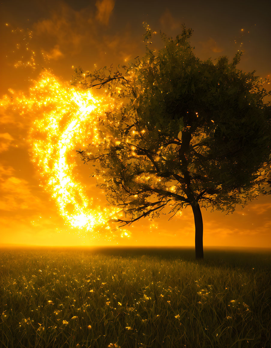 Tranquil meadow with lone tree bathed in golden light at dusk