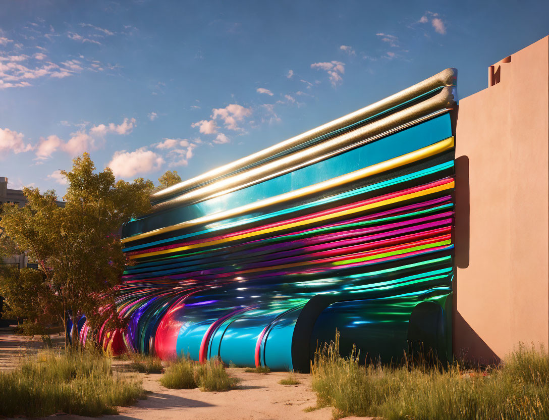 Multicolored curved sculpture against blue sky and buildings with trees