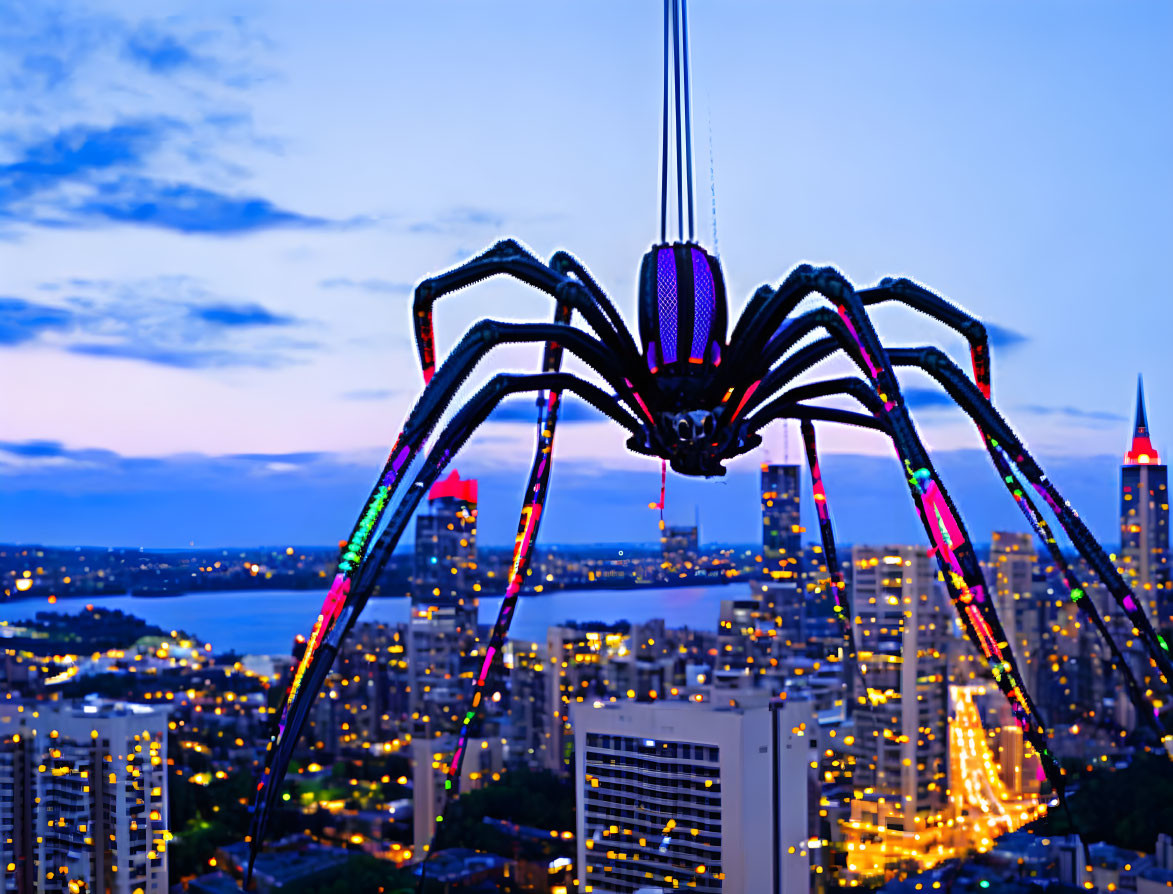 Giant neon-lit spider sculpture at dusk over cityscape with illuminated buildings