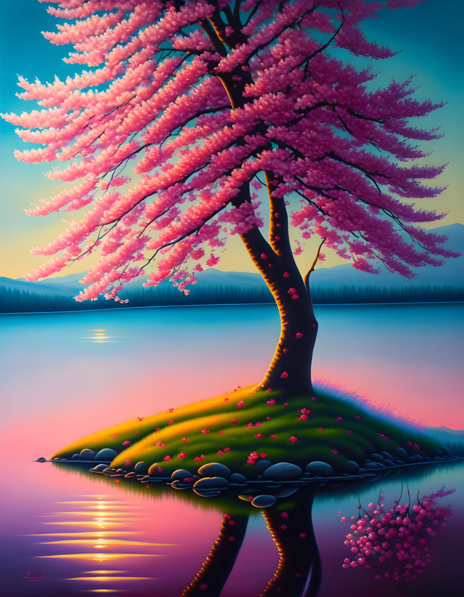 Vibrant cherry blossom tree on hill with reflection in pink lake