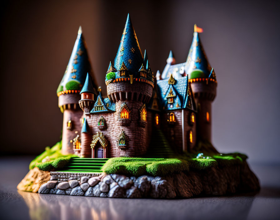 Miniature Castle with Blue Roofs and Illuminated Windows on Greenery Platform