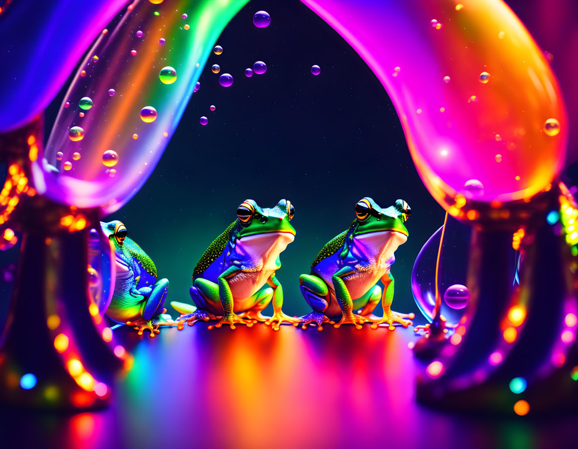 Colorful Toy Frogs Under Neon Arches with Floating Bubbles