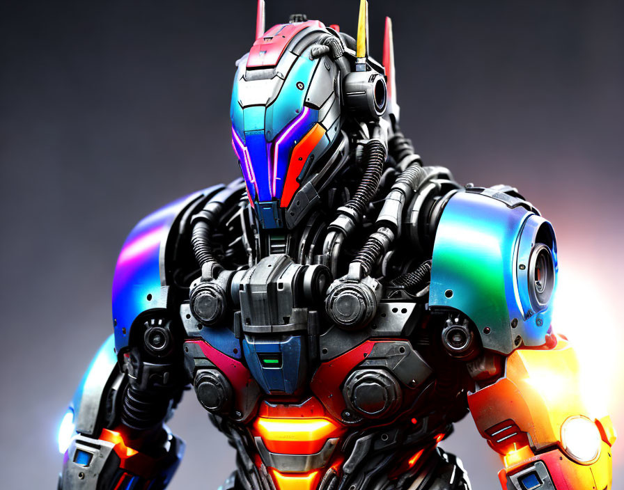 Detailed colorful mechanical robot with glowing blue elements