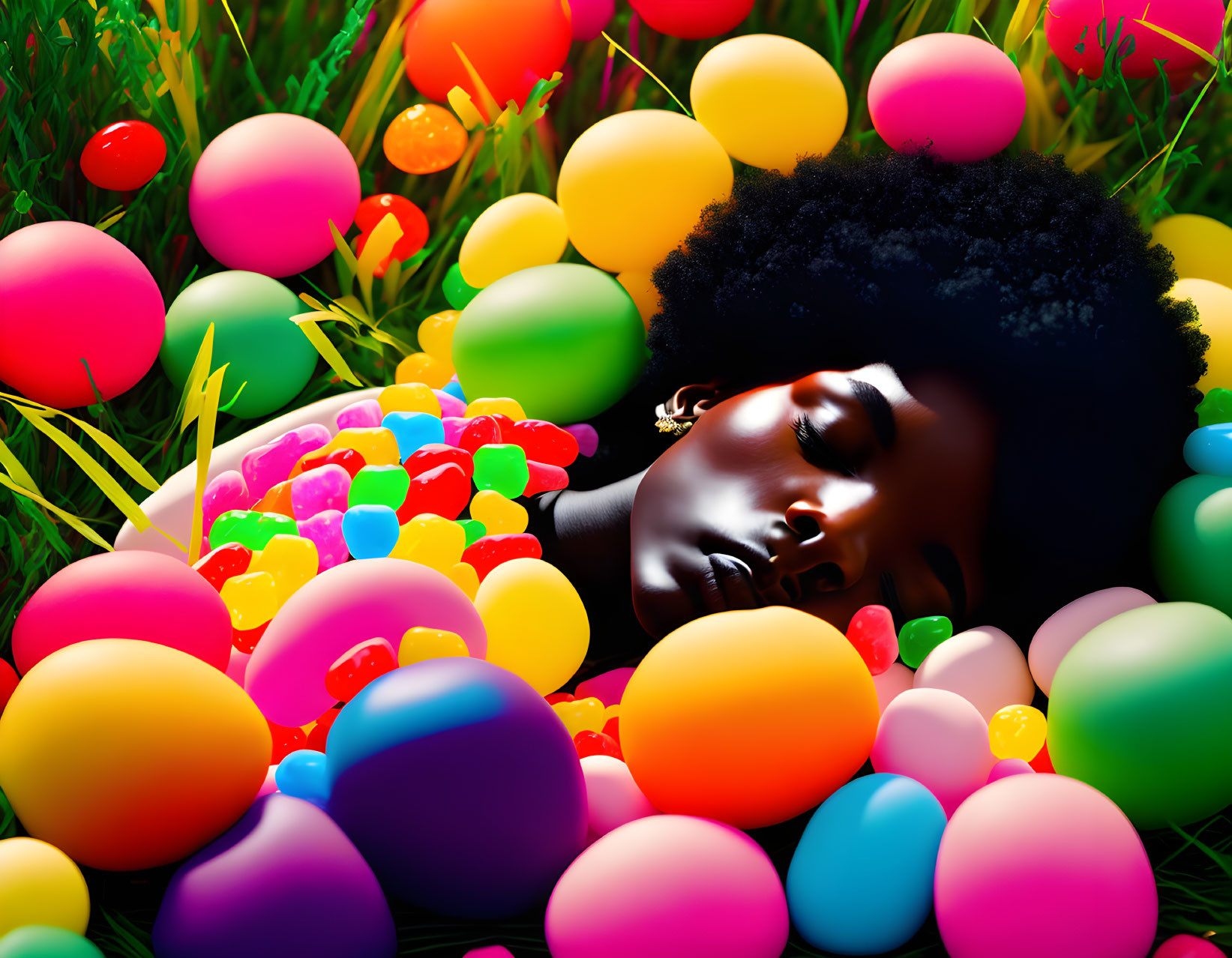 Woman Relaxing Among Colorful Balloons and Jelly Beans on Green Grass