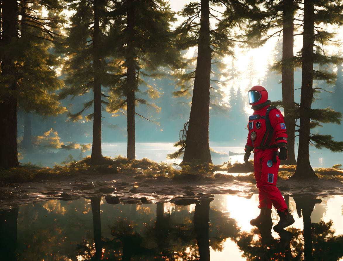 Astronaut in red suit by reflective pond in sunlit forest