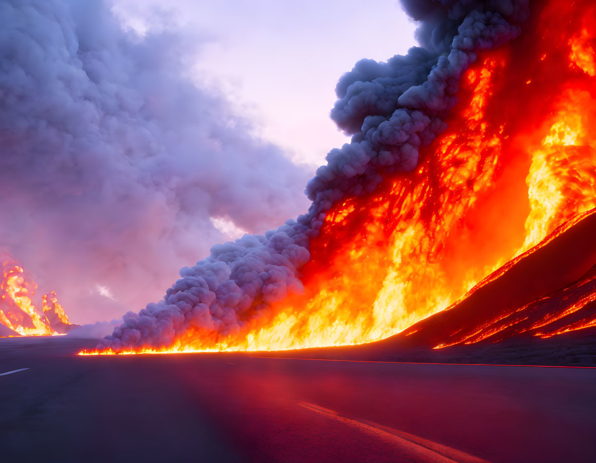 Dramatic volcanic eruption with flowing lava and billowing smoke