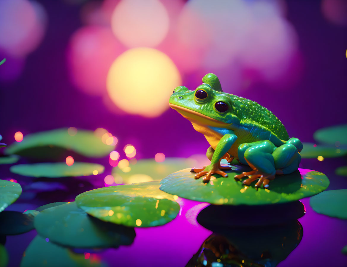 Colorful frog on lily pad with glowing orb and purple hues